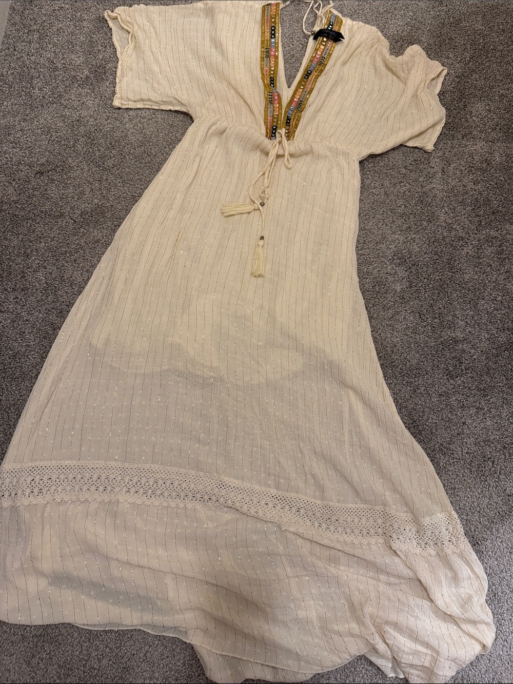 #292. Omango Cream Maxi Dress with Embellished V-Neck